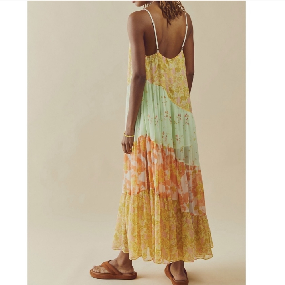 Free People Diagonal Tiered Floral Maxi Dress in Mint, Peach & Yellow - Picture 2 of 15